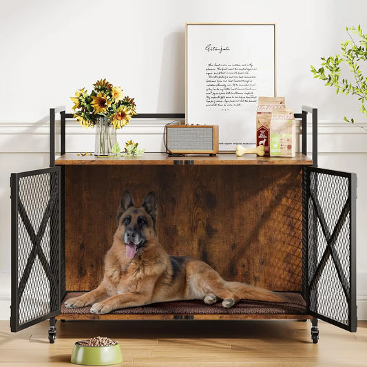 DishyKooker Wooden Dog Crate End Table With Lockable Wheels Heavy Duty
