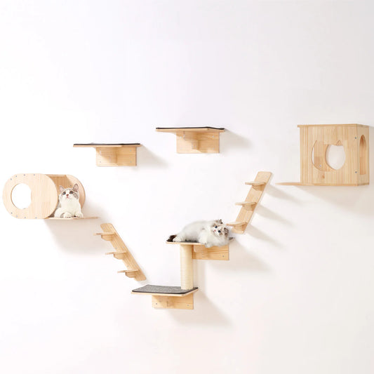 SucceBuy Wall Mounted Cat Shelves With Jumping Boards And Hammocks