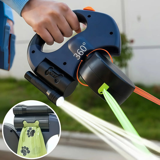 Adaptable Auto Retractable Double Ended Dog Leash For Two Dogs With Independent Rope Controls And 360 Degree Rotation