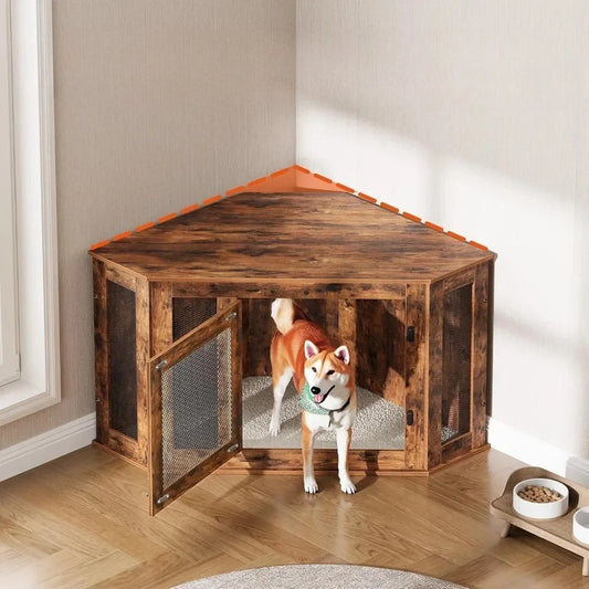 Corner Dog Crate Furniture, Wooden Dogs Kennel End Table, Decorative Pet Crate Indoor Use, Furniture Style Dogs House
