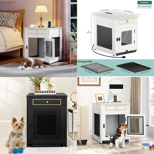 DAFIFY Wooden Dog Crate Furniture With Dual USB Charger End Table For Small Dogs
