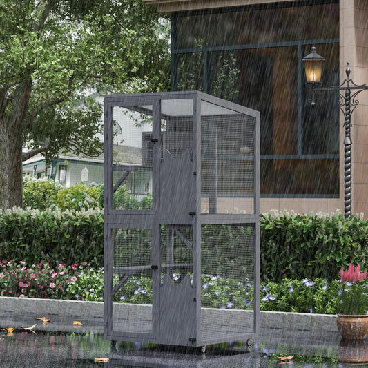 Grey Medium-Sized Wheeled Outdoor Cat Enclosure with Patio and Window Box Feature