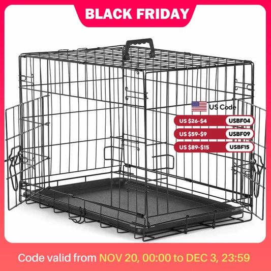JHK Double Door Folding Dog Cage With Leak Proof Pan